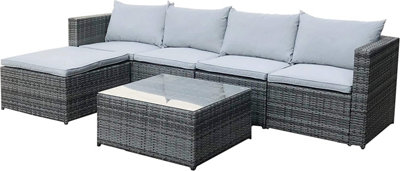 EVRE Grey Rattan Outdoor Garden Furniture Set Miami Sofa Coffee Table, Foot Stool Rattan with Premium Cover