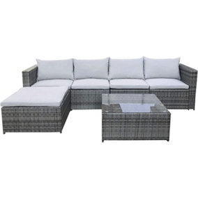 Evre Grey Rattan Outdoor Miami 5 Seater Garden furniture set with Coffee Table, Foot Stool - FREE NEXT-DAY DELIVERY