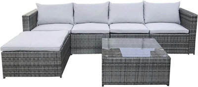 Evre Grey Rattan Outdoor Miami 5 Seater Garden furniture set with Coffee Table, Foot Stool