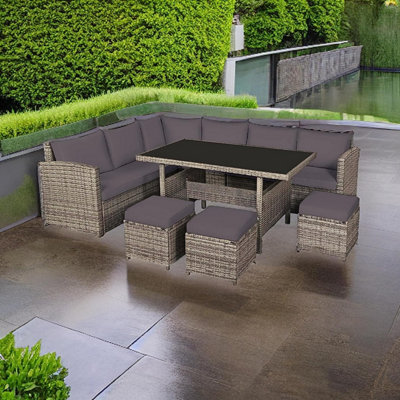 EVRE Mauritius 8 Seat Garden Rattan Furniture Corner Dining Set Table Sofa Bench Stool Natural