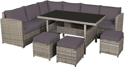 EVRE Mauritius 8 Seater Garden Rattan Furniture Corner Dining Set Table Sofa Bench Stool With Weatherproof Cover