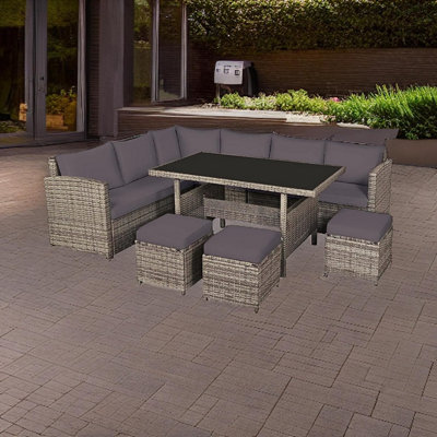 EVRE Mauritius 8 Seater Garden Rattan Furniture Corner Dining Set Table Sofa Bench Stool With Weatherproof Cover - 3