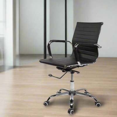 EVRE Mid Back Boardroom Black Faux Leather Desk Chair with Chrome Finish