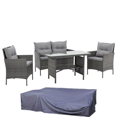 EVRE Mixed Grey Florence Garden Rattan Furniture Dining Set 4 Piece Seat Sofa Chair Outdoor Wicker Glass Top Table with Cover