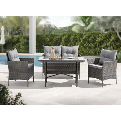 EVRE Mixed Grey Florence Garden Rattan Furniture Dining Set 4 Piece Seat Sofa Chair Outdoor Wicker Glass Top Table with Cushions DIY at B Q