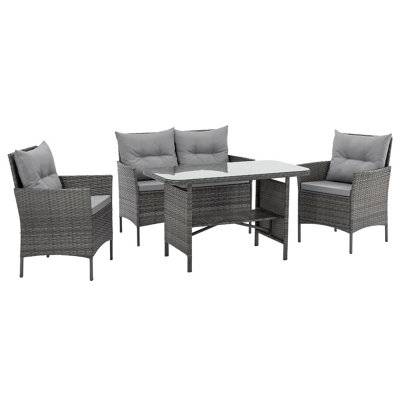 EVRE Mixed Grey Florence Garden Rattan Furniture Dining Set 4 Piece Seat Sofa Chair Outdoor Wicker Glass Top Table with Cushions