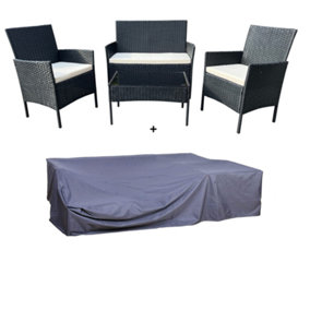 EVRE Nero Black Rattan Garden Furniture Set Patio Conservatory Indoor Outdoor 4 piece set and Cover - FREE NEXT-DAY DELIVERY