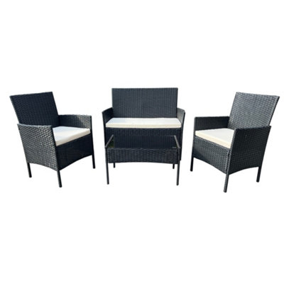 EVRE Nero Black Rattan Garden Furniture Set Patio Conservatory Indoor Outdoor 4 piece set Glass Top Coffee Table