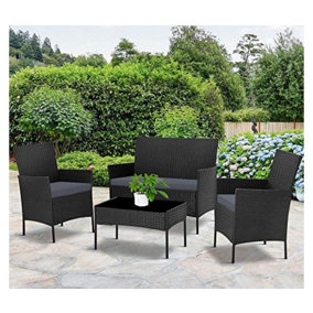 EVRE Nero Black Rattan Garden Furniture Set Patio Conservatory Indoor Outdoor 4 piece set Glass Top Coffee Table