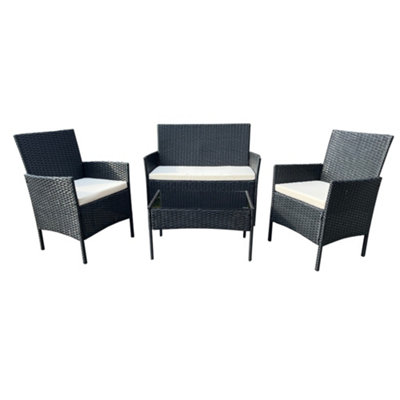 EVRE Nero Black Rattan Garden Furniture Set Patio Conservatory Indoor Outdoor 4 piece set Glass Top Table - FREE NEXT-DAY DELIVERY
