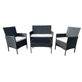 EVRE Nero Black Rattan Garden Furniture Set Patio Conservatory Indoor Outdoor 4 piece set Glass Top Table - FREE NEXT-DAY DELIVERY