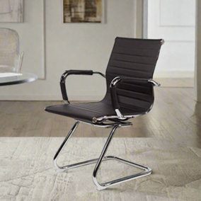 EVRE Office Chrome Cantilever Desk Chair - Stainless Steel Frame & Ribbed PU Padded Faux Leather (Black) - FREE NEXT-DAY DELIVERY