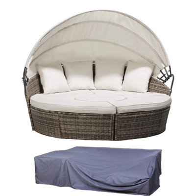 EVRE Seychelles Day Sun Bed Rattan Round Outdoor Garden Furniture Set with Extendable Canopy Table 5 Pieces Mixed Grey with Cover