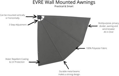 EVRE Side Awning 3 Step Collapsible For Terrace Balcony Sun Shade Privacy Blind Fence (140x140CM, Dark Grey)