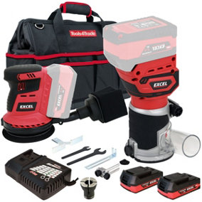 Excel 18V 1/4" Router Trimmer + 125mm Rotary Sander with 2 x 2.0Ah Battery Charger & Bag