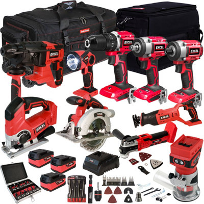 Excel 18V 10 Piece Cordless Power Tool Kit with 3 x 5.0Ah Batteries ...