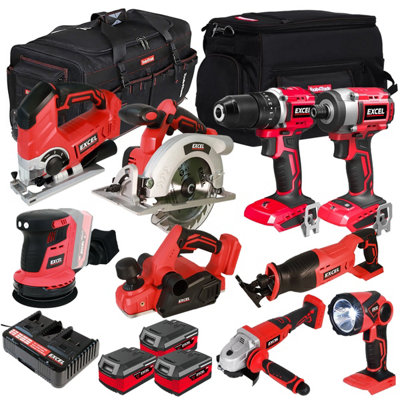 Excel 18V 10 Piece Power Tool Kit with 3 x 4.0Ah Batteries & Charger ...