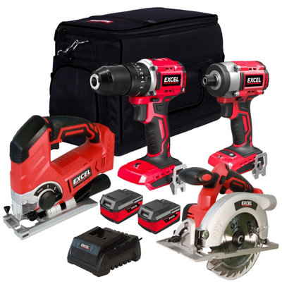 Excel 18V 4 Piece Cordless Power Tool Kit with 2 x 5.0Ah Batteries Smart Charger & 18" Bag EXLKIT-401