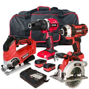 Excel 18V 4 Piece Cordless Power Tool Kit with 2 x 5.0Ah Batteries Smart Charger & 18" Bag EXLKIT-401