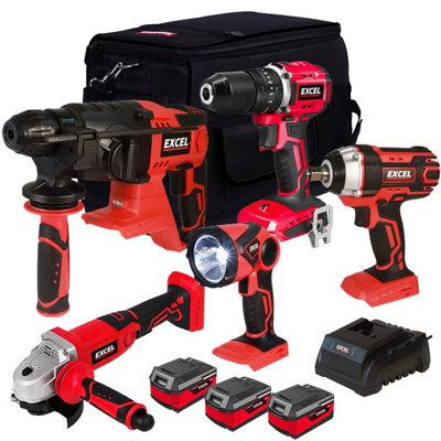 Excel 18V 5 Piece Cordless Power Tool Kit with 3 x 4.0Ah Batteries Charger & 20" Bag EXLKIT-501