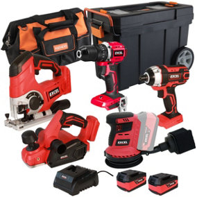Excel 18V 5 Piece Tool Kit with 2 x 5.0Ah Battery Charger & Mobile Wheel Box EXLKIT-16063