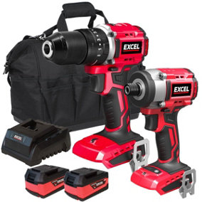 Excel 18V Brushless Twin Pack Combi Drill & Impact Driver with 2 x 5.0Ah Battery & Charger