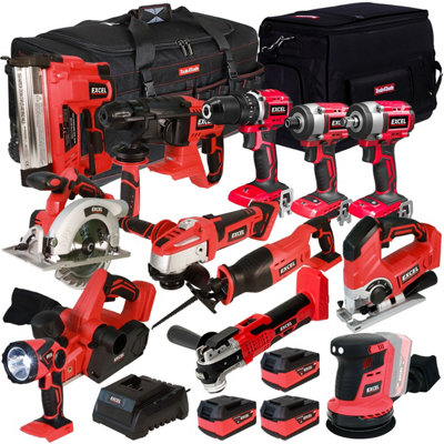 Excel 18V Cordless 13 Piece Power Tool Kit with 3 x 5.0Ah Batteries ...