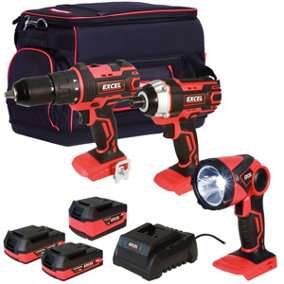 Excel 18V Cordless 3 Piece Tool Kit with 3 x Batteries & Charger in Bag EXL5138