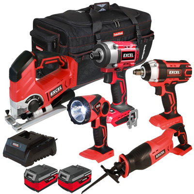 Excel 18V Cordless 5 Piece Tool Kit with 2 x Batteries & Charger in Bag EXL5233