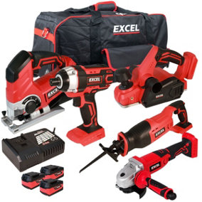 Excel 18V Cordless 5 Piece Tool Kit with 3 x Batteries & Smart Charger in Bag EXL5169