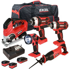 Excel 18V Cordless 5 Piece Tool Kit with 3 x Batteries & Smart Charger in Bag EXL5233