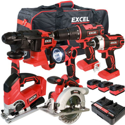 Excel 18V Cordless 6 Piece Tool Kit with 3 x 5.0Ah Batteries & Dual ...