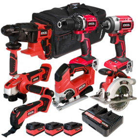 Excel 18V Cordless 7 Piece Tool Kit with 3 x 5.0Ah Batteries & Charger in Bag EXL5046