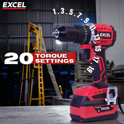 Excel 18V Cordless Brushless Combi Drill with 2 x 2.0Ah Battery & Charger