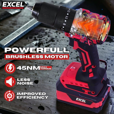 Excel 18V Cordless Brushless Combi Drill with 2 x 5.0Ah Battery Charger & Bag