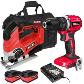 Excel 18V Cordless Combi Drill + Jigsaw with 2 x 5.0Ah Batteries & Smart Charger in Bag EXL5050