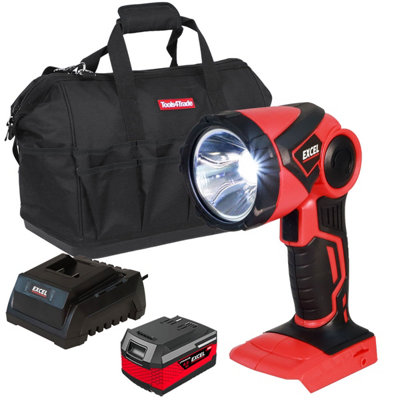 Excel 18V Cordless LED Flashlight Torch with 1 x 4.0Ah Battery Charger & 18" Bag