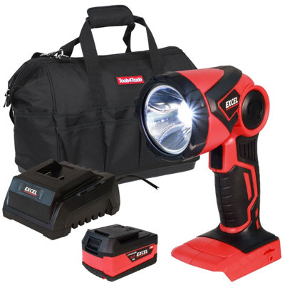 Excel 18V Cordless LED Flashlight Torch with 1 x 5.0Ah Battery Charger & 14" Bag