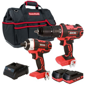 Excel 18V Impact Driver + Combi Drill with 2 x 2.0Ah Batteries & Charger in Bag