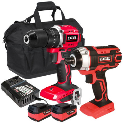 Excel 18V Impact Driver + Combi Drill with 2 x 5.0Ah Battery & Charger in Bag