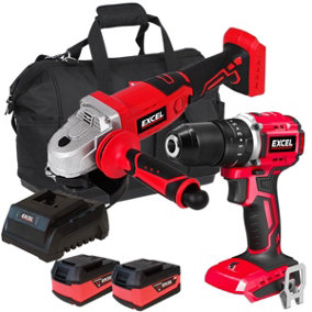 Excel 18V Twin Pack Combi Drill & Angle Grinder with 2 x 5.0Ah Battery & Charger