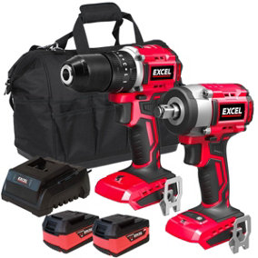 Excel 18V Twin Pack Combi Drill & Impact Wrench with 2 x 5.0Ah Battery & Charger