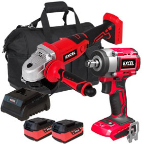 Excel 18V Twin Pack Impact Wrench & Angle Grinder with 2 x 5.0Ah Battery & Charger
