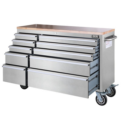 Excel 55in (140cm) Stainless Steel 10 Drawer Roller Tool Cabinet & Workbench