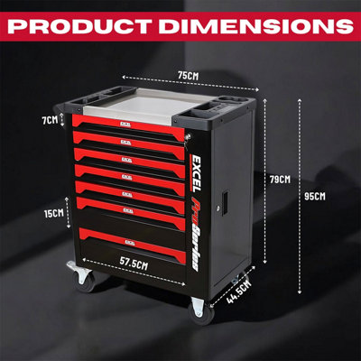 Excel 7 Drawers Tool Chest Storage Roller Cabinet Black and Red