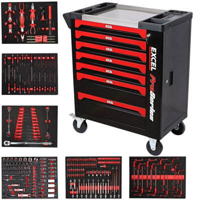 Excel 7 Drawers Tool Chest Storage Roller Cabinet with 249 Piece Tool Set