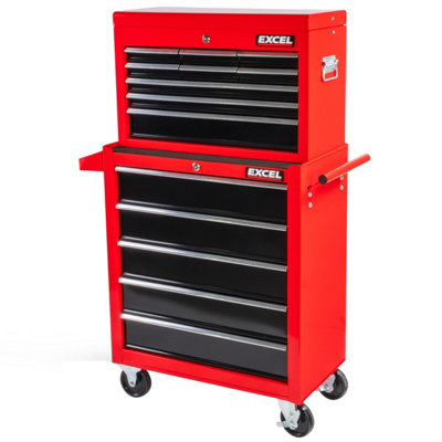 Excel 9 Drawer Top Chest Cabinet & 5 Drawers Tool Chest with Tool Tray Black/Red