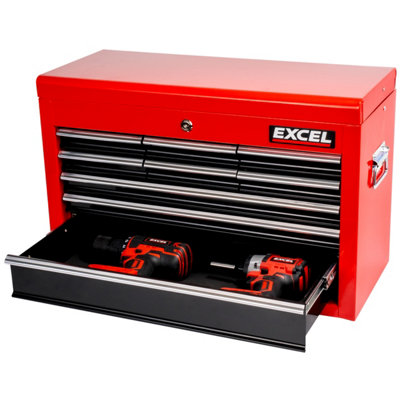 Excel 9 Drawer Top Chest Cabinet & 5 Drawers Tool Chest with Tool Tray Black/Red