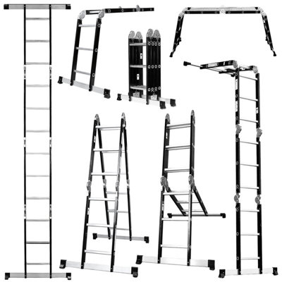 Excel Heavy Duty 12 Tread Steel Multi Purpose Combination Ladder Black with Platform