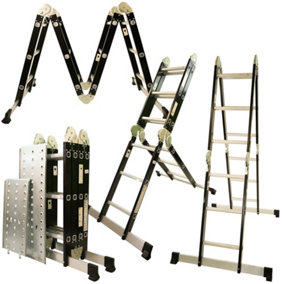 Excel Heavy Duty 12 Tread Steel Multi Purpose Combination Ladder Black with Platform